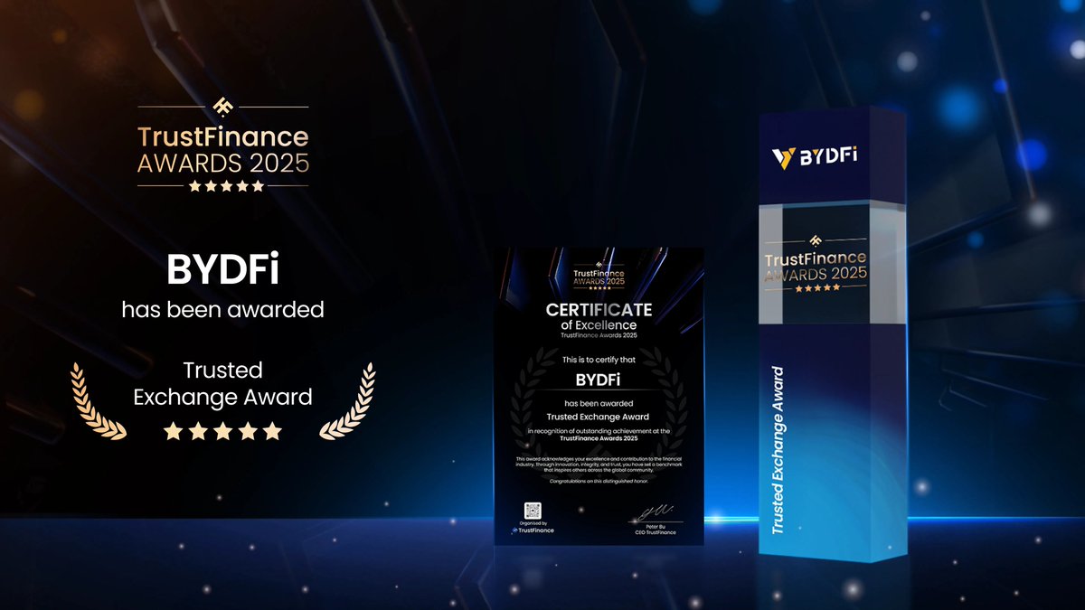 BYDFi has been awarded the #TrustFinance 2025 Trusted Exchange Award 🏆

Since 2020, we’ve grown into a global one-stop crypto platform serving 1M+ users across 190+ countries and regions. BYDFi is dedicated to delivering a world-class crypto trading experience for every user.