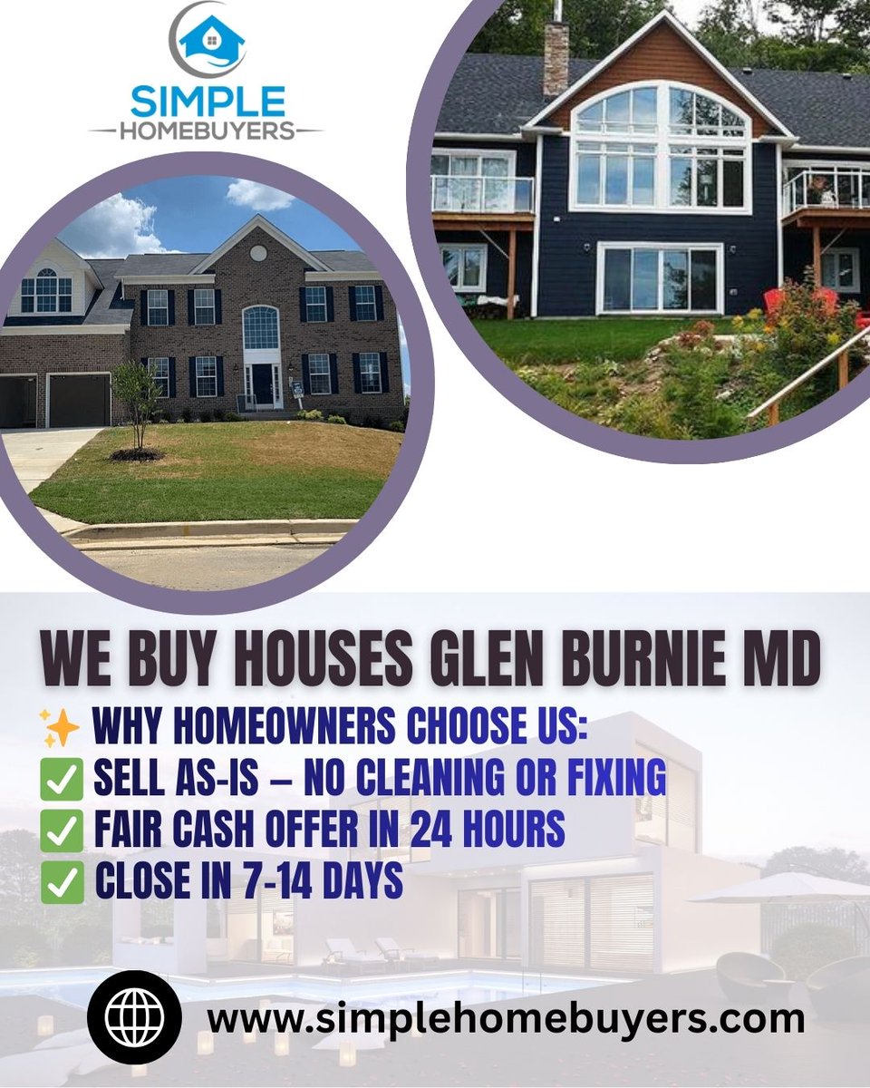 🏡 Looking to sell fast? 
We buy houses in Glen Burnie MD in any condition — no repairs, no fees, no stress! Simple Homebuyers makes the entire process quick and hassle-free.

📞 Get your FREE cash offer today!
 💻 Visit: simplehomebuyers.com/sell-house-fas…
 📩 DM us now!