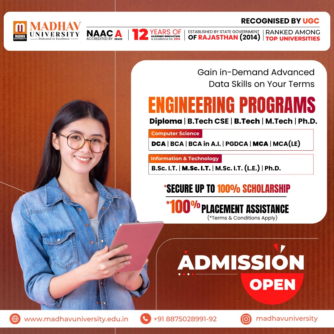 madhavuniversty's tweet photo. Dreaming of a future in Tech?
Study Engineering, BCA, MCA, IT & CS at a NAAC A University and unlock real opportunities with 100% placement support.
 Apply Now! 🔥
#MadhavUniversity #Engineering #BTech #ITPrograms #TechEducation #NAACA #CSengineering #BCA #MCA #DataScience #ArtificialIntelligence #StudyAtMadhav #TopRankedUniversity #AdmissionsOpen #EngineeringCollege #PlacementSupport