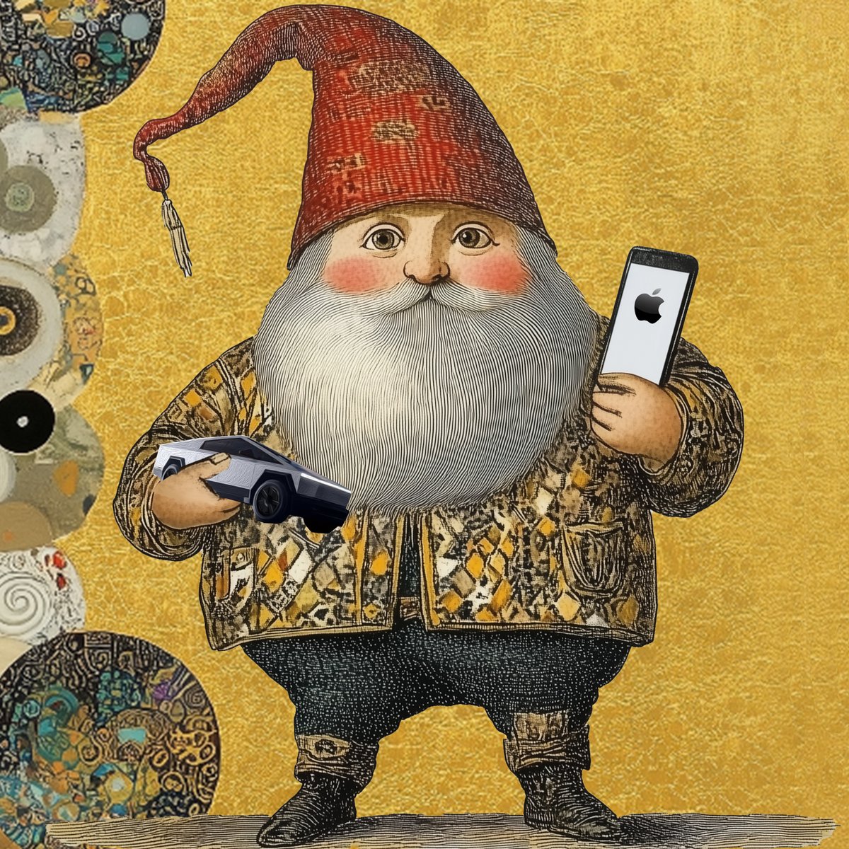EmdrupTrouble's tweet photo. Danish Nisse carrying an iPhone and a Cybertruck. Nisse live in the walls of Danish houses and come out at night for mischief, such as putting socks on kitchen chair legs. 

Danes give them little presents and rice pudding to placate them. 

Made with @midjourney and @Photoshop. https://t.co/vNYrCmX2fx