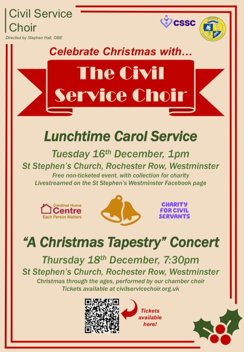 Celebrate Christmas with the Civil Service Choir! 🎄🎶

Join us for a traditional lunchtime carol service on Tuesday 16th December, or explore Christmas music through the ages with the Chamber Choir on Thursday 18th December, both at St Stephen’s Church, Rochester Row.