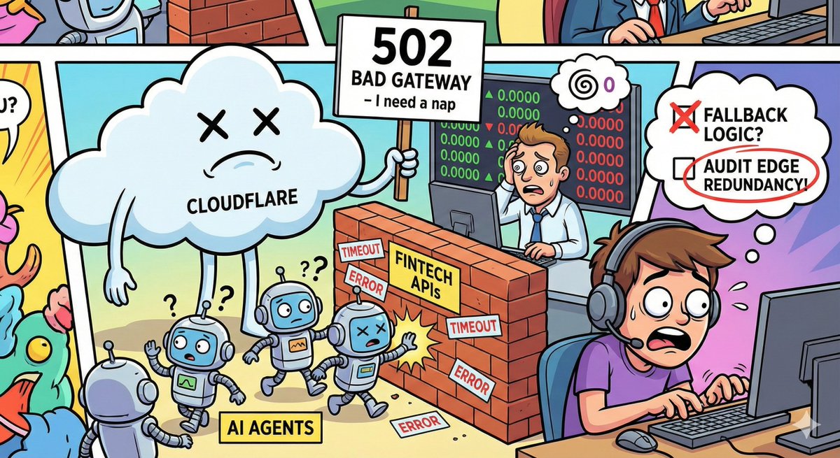 Cloudflare down = AI agents hitting 502s everywhere. 📉

It’s a harsh stress test for Fintech APIs today. If your fallback logic isn't handling timeouts gracefully, your models are hallucinating zeros right now.

The lesson? Don't let a CDN outage become a liquidation event.