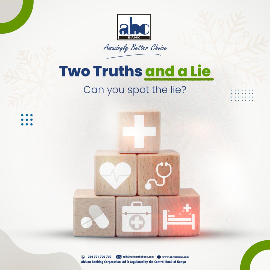 ABCBankGroup's tweet photo. Can you spot the lie?
A) You can start a retirement plan even as a small business person.
B) The more insurance covers you have, the better.
C) Taking a loan to invest is always a bad idea.
💡 Guess correctly and stand a chance to win 1250 data bundles!
#TruthOrLie
#FinancialSmart
#AmazinglyBetterChoice