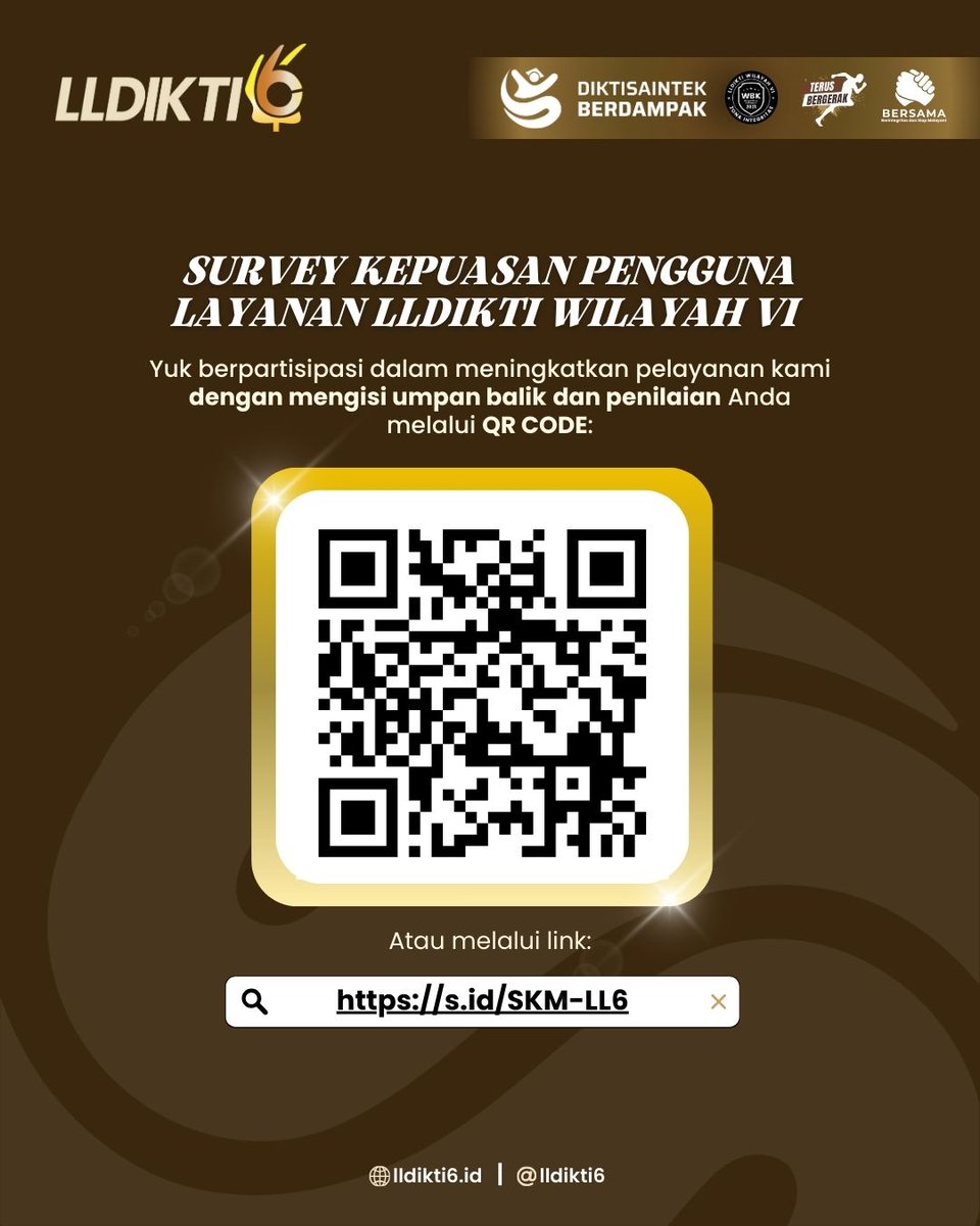 Berikut kami sampaikan hasil Survey Kepuasan Masyarakat #ldikti6jateng periode Bulan November 2025 yaitu 89.70% (Hasil Sangat Baik). #BrayatAgung dapat berpatisipasi dalam meningkatkan pelayanan kami dengan mengisi umpan balik dan memberikan penilaian dengan scan QR dibawah 😊
