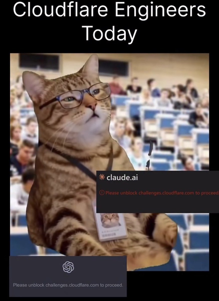 jesse_0466's tweet photo. Cloudflare engineers looking at the servers… 😂

It’s crazy that this much of the internet collapses the moment one company no longer works.

We built a “decentralized” world where half the apps we use still depend on #cloudflare 

One outage and suddenly everyone’s acting like it’s 1998 again. 😂
