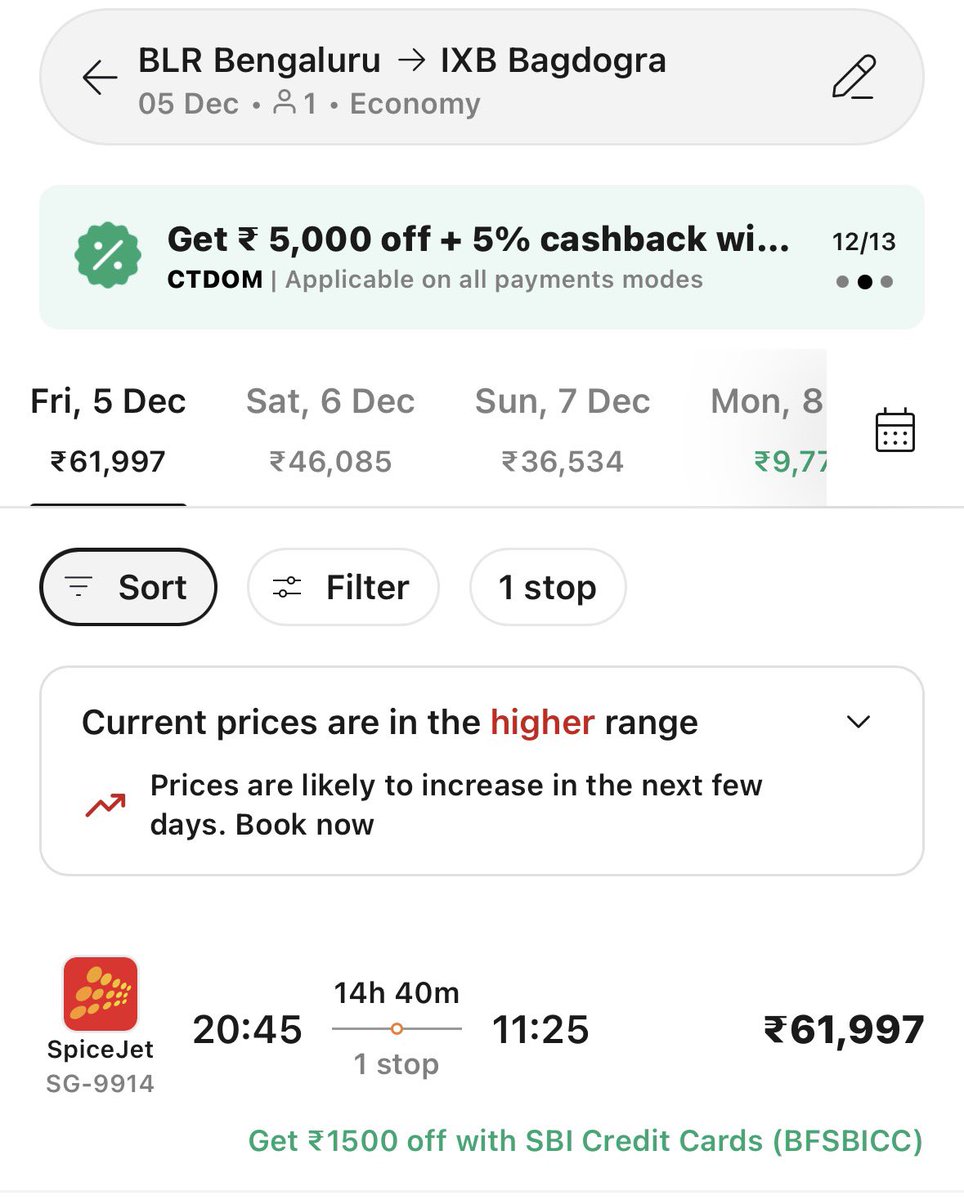 ParsaiTushar's tweet photo. IndiGo goes down and the rest of the airlines immediately behave like the only Kirana store open during lockdown. 
One needs to spend Sixty two thousand Rupees to travel Domestically!

#IndiGo
#FlightPrices
#Aviation
#Airlines
#TravelIndia https://t.co/kXgXb8Q5Ad