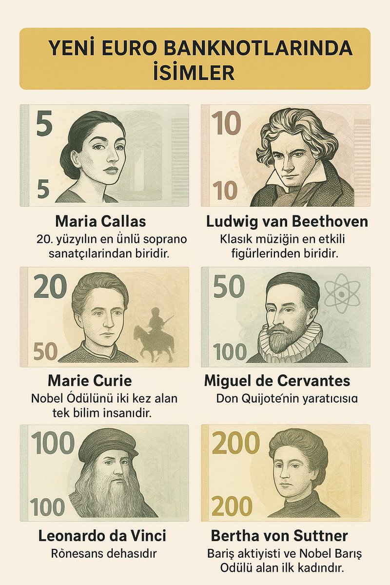 TurkiyeBlogger's tweet image. Mart 2026 itibaren Yeni Euro'larda yer alacak ünlü isimler. #euro #neweuro #euro2026 #currency #yenieuro