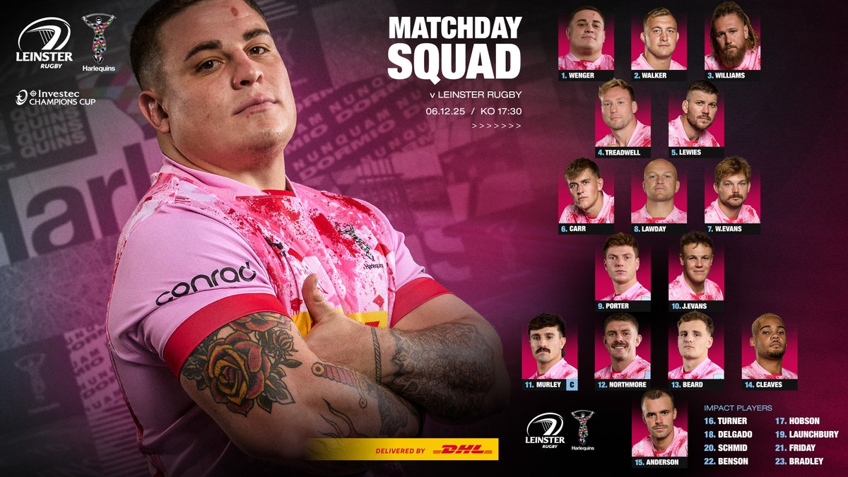 Your Starting XV at the Aviva 🏟️

©️ Murley Captain
☝️ First start for Wenger
🏆 Round one

📲 quins.co.uk/Article/team-n…

✈️ Delivered By <a href="/DHLRugbyUK/">DHL Rugby UK</a> 

#COYQ | #LEIvHAR