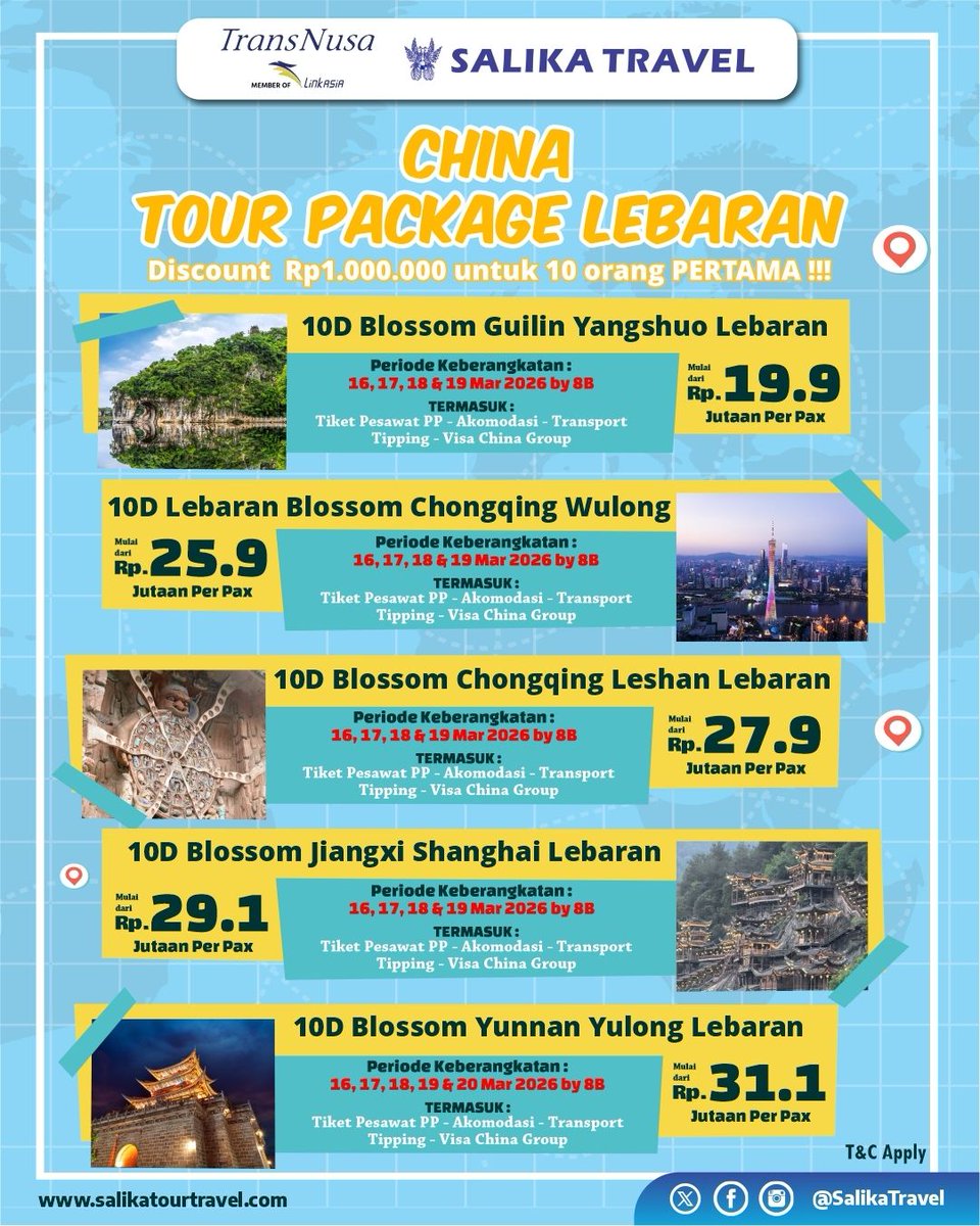 Dapatkan DISKON Rp1.000.000 untuk 10 Orang Pertama !!!

Selanjutnya klik
salikatourtravel.com/tour/package/c…

Rsv hub :
wa.me/6285954487807
wa.me/6281945166878
wa.me/6281803863912

T&amp;C Apply
#SalikaTravel
#BestDeals
#GroupSeries
#TourWithSalikaTravel
#JoinTourSalikaTravel