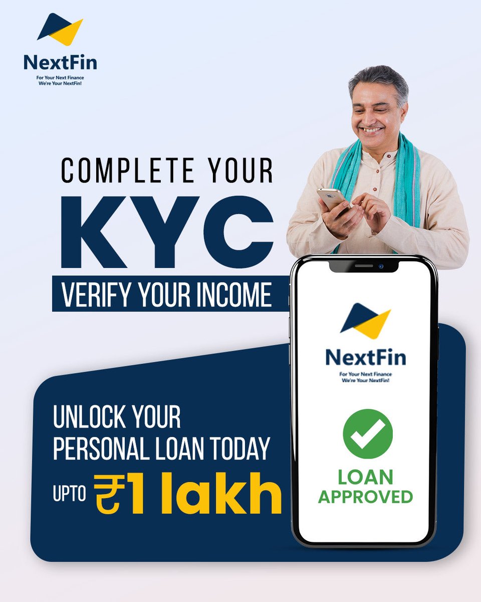 NextFinApp's tweet photo. You’re almost there! 🎯
Your loan is approved—just complete your KYC and verify income to unlock ₹1 LAKH with NextFin.
Fast, secure, and 100% digital process!
#KYCComplete #NextFin #LoanApproval #IncomeVerification #PersonalLoan #InstantLoan #DigitalProcess #LoanUpTo1Lakh https://t.co/rTKHPpHzFH