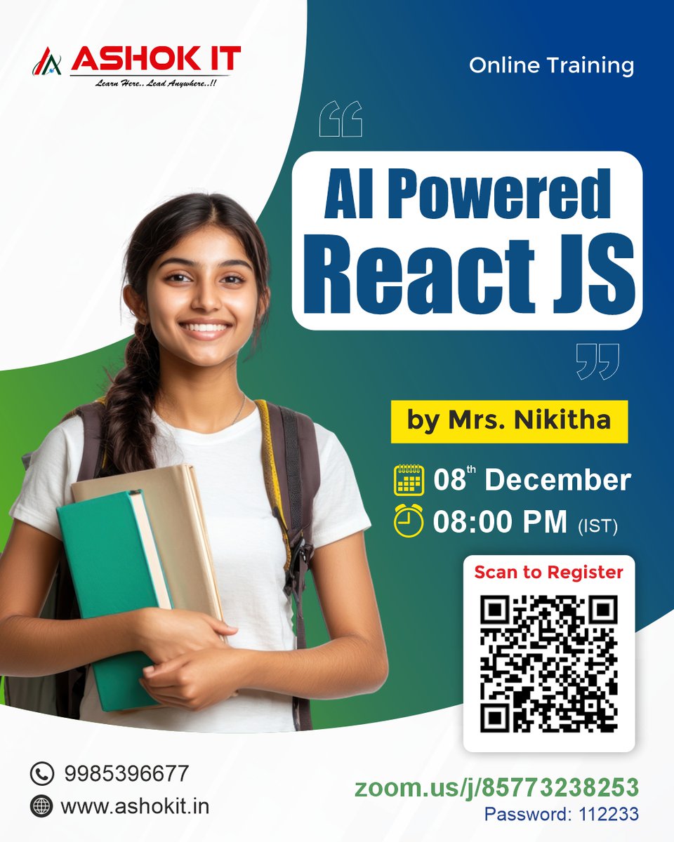 ashokitschool's tweet image. 🚀AI-Powered React JS – Build Smarter Frontend Apps!
.
📲 Register Now:bit.ly/49UM1WZ
.
👨‍🏫 Trainer: Mrs. Nikitha
📅 Starting on: 08th Dec @ 08:00 PM(IST)
🖥️ Mode:  online session 
.
#ReactJS #AIPoweredReact #FrontendDevelopment #AshokIT #OnlineTraining #ReactDeveloper