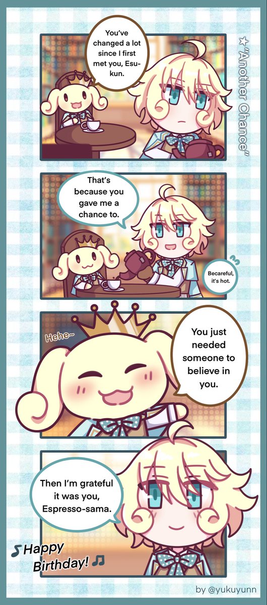 YIPPIEEEEE!!! Thank you all for the birthday wishes!!! 🥳🥳🎉 Now i present you a special 4koma i did for Esu day. 
Enjoy~ 😋☝️

「Another Chance」 ft. Espresso &amp; Esu
#fragaria_oc #fragariamemoriesoc