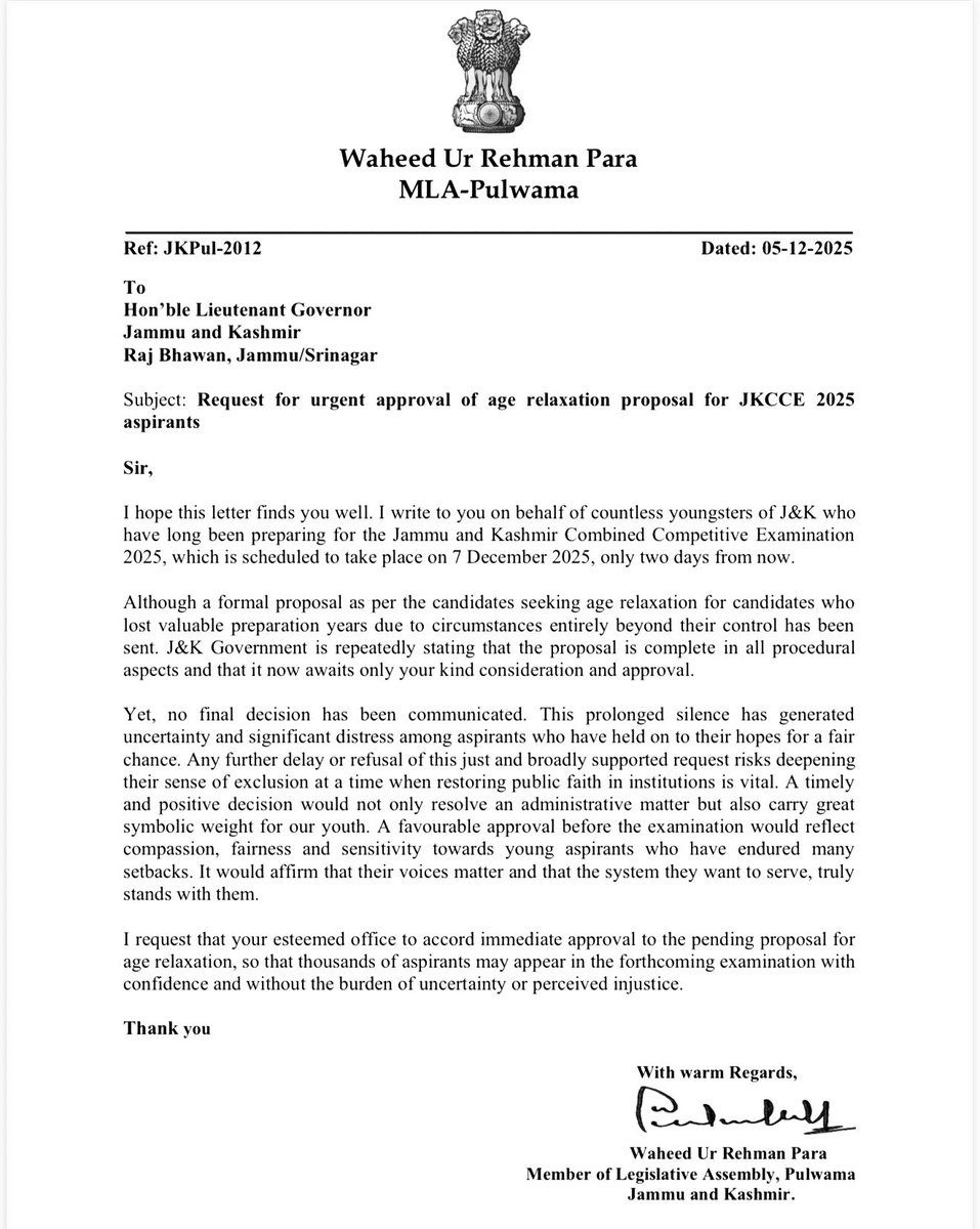 parawahid's tweet photo. After receiving numerous calls from students about the upcoming exams, I’ve written to @OfficeOfLGJandK requesting age relaxation for JKPSC aspirants. The system our youth aspire to serve should stand by them, not shut them out. https://t.co/4WWCvzJ8Mm