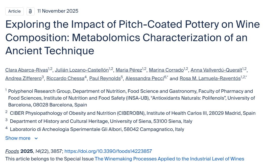 PolyphenolR's tweet image. 🔵Ancient techniques meet modern science!🍇

Our new study explores how pitch-coated pottery, a traditional winemaking method, affects wine composition.

🔗Check out the full paper at @Foods_MDPI
doi.org/10.3390/foods1…

#WineScience #AncientTechniques #Metabolomics #Oenology