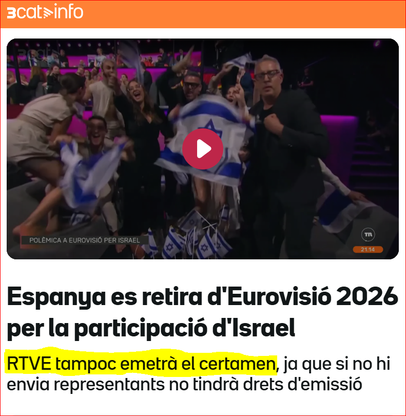 Ho veieu com hem d'estar eternament agraïts a Israel?
1. Elimina els terroristes que la puta Europa covarda no té collons de pelar.
2. Aconsegueix que España no participi a Eurovisió.
3. I, el més important de tot, aconsegueix que aquest any NO S'EMETI AQUESTA PUTA MERDA!!!! 🥳🥳