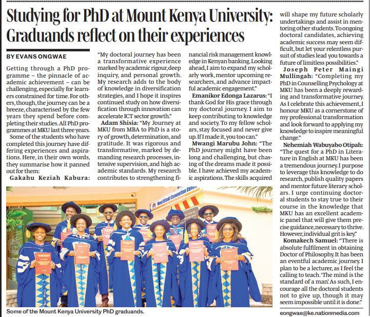MountKenyaUni's tweet photo. Congratulations to our newly crowned Ph.D. title holders! 🎓
Here’s what they had to say about their student life cycle.”  #MKU28thGraduation https://t.co/748AYy22qD