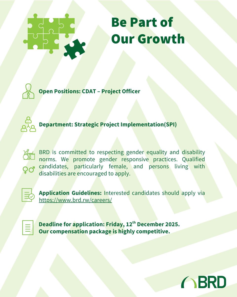 BRDbank's tweet photo. 🚨We are seeking a CDAT Project Officer to join our Strategic Project Implementation (SPI) Department.
Join a mission-driven institution and contribute to projects that create real value.
Apply here: https://t.co/szUAGPcmSc
Deadline: 12th December 2025.🚨 https://t.co/4SJHVU6sbg