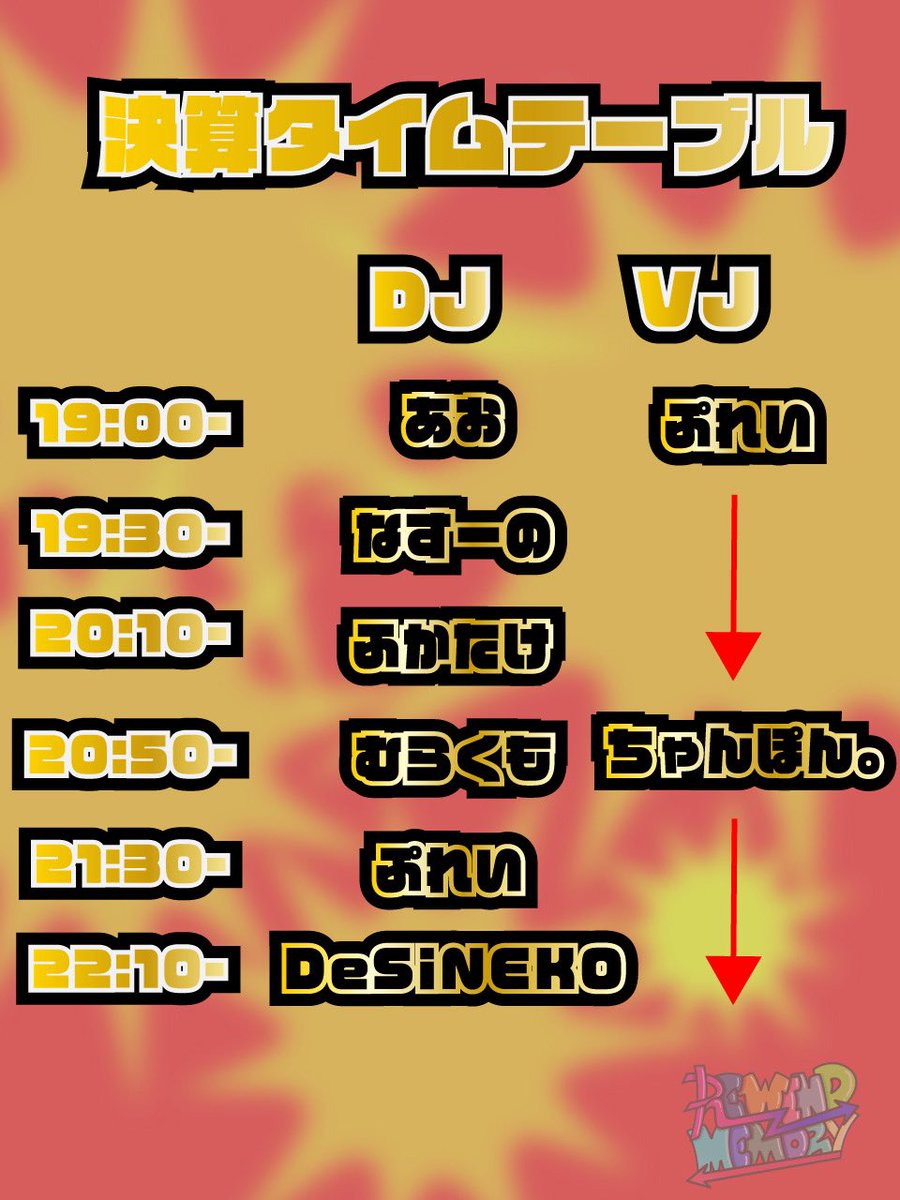 #リワメモ決算アニクラ

タイムスケジュール+フライヤー公開！

【時間】19:00~23:00
【金額】2000（1D込）

メンバー（敬称略）
【レギュラー】
DeSiNEKO
あお
むらくも
【ゲスト】
ぷれい
ちゃんぽん。
ふかたけ
なすーの
参加はココから

twipla.jp/events/706310