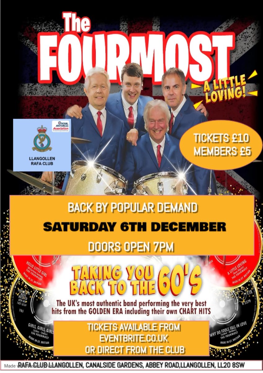 Last day to purchase tickets online for the fabulous <a href="/the_fourmost/">The Fourmost®️™️</a> tomorrow night. Tickets also available from behind the bar 👍

<a href="/gr8musicvenues/">gr8MusicVenues</a> <a href="/leaderlive/">LeaderLive</a> <a href="/DenbighshireFP/">Denbighshire Free Press</a> <a href="/wrexham/">Wrexham.com</a> <a href="/Llangollen_Life/">Llangollen Town</a>
