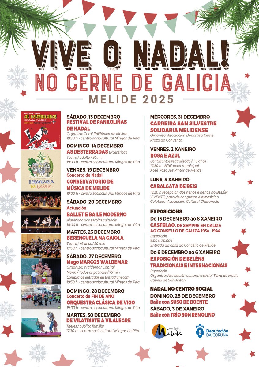 🌟 𝗣𝗿𝗲𝘀𝗲𝗻𝘁𝗮𝗱𝗮 𝗮 𝗽𝗿𝗼𝗴𝗿𝗮𝗺𝗮𝗰𝗶𝗼́𝗻 𝗱𝗲 𝗡𝗮𝗱𝗮𝗹 𝗱𝗼 <a href="/Concello_Melide/">Concello de Melide</a> 

👏Un amplo programa que inclúe música🎼 teatro🎭, exposicións🖼, danza🩰, maxia🎩, literatura📖 deporte🏃🏻‍♀️ e actividades para toda a familia‼️

➕️ Información ➡️ cutt.ly/stuBgRAa
