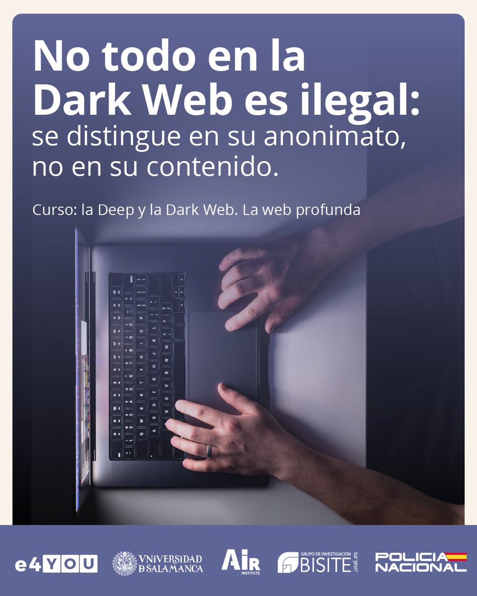 ◾La Dark Web no es sinónimo de ciberdelito.
➡️ Se usa tanto para investigación, periodismo y defensa de la privacidad, como para 👾actividades ilícitas lamentablemente.
En #e4YOU te ayudamos a comprender cómo funciona en este curso 📚.
✍🏻Inscríbete aquí⬇️
e4you.org/es/moocs/la-de…
