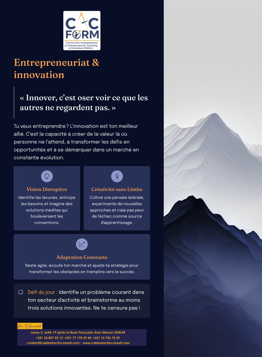 ACTIV_CONSULT's tweet photo. 𝐓𝐮 𝐯𝐞𝐮𝐱 𝐞𝐧𝐭𝐫𝐞𝐩𝐫𝐞𝐧𝐝𝐫𝐞 ? 𝐋’𝐢𝐧𝐧𝐨𝐯𝐚𝐭𝐢𝐨𝐧 𝐞𝐬𝐭 𝐭𝐨𝐧 𝐦𝐞𝐢𝐥𝐥𝐞𝐮𝐫 𝐚𝐥𝐥𝐢𝐞́.

#coachawalafricaine #cacform #EntrepreneuriatAfricain #Innovations #BusinessPlan #capsule #coaching #motivation #vision #africaine #TikTokBusiness #youtubeshorts #projet https://t.co/biYDdB4UBp