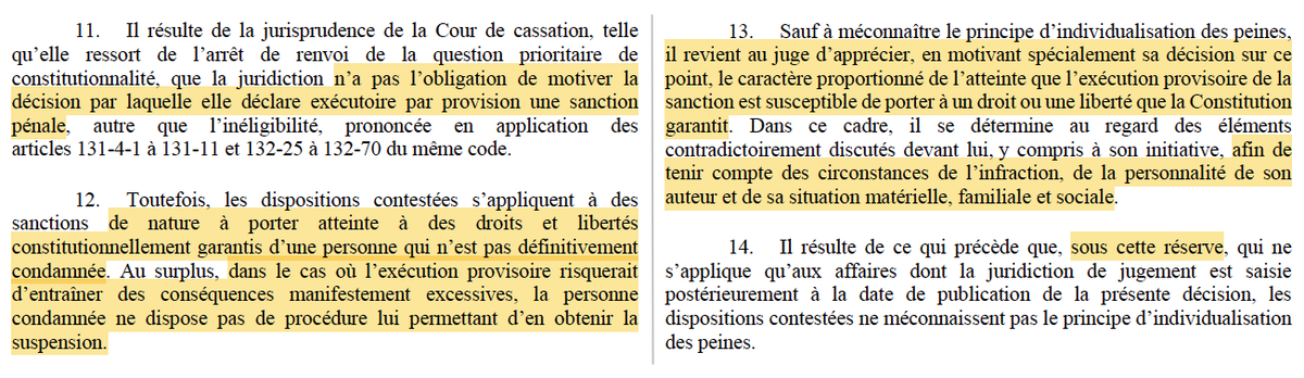 N_Hervieu's tweet image. Droit pénal : Le @Conseil_constit juge que l&apos;exécution provisoire de toute sanction pénale doit être spécifiquement motivée.

Par une réserve d&apos;interprétation, la jurisprudence de la @Courdecassation qui n&apos;exigeait pas cette motivation (sauf peine d&apos;inéligibilité) est donc brisée