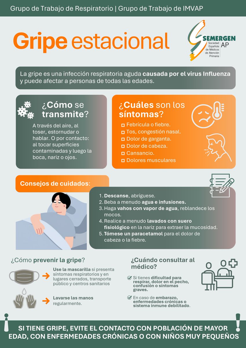 SEMERGENap's tweet image. INFOGRAFÍA Gripe estacional elaborada por @IMVAPsemergen y @RSemergen 
🤒Cómo se transmite
🤮Cuáles son los síntomas
😷Consejos de cuidados
¡Descárgala y comparte! 
f.mtr.cool/wmlzkvhkji