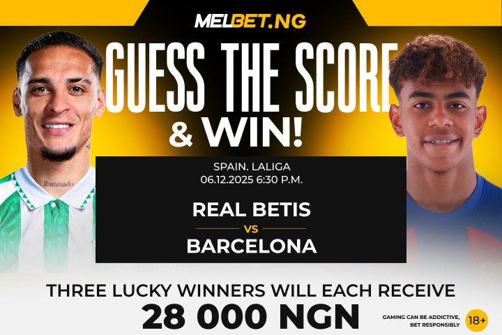 MelbetNigeria's tweet photo. 🎉 #GuessTheScore
👉 Follow MelbetNigeria
👉 Comment correct score + player ID
❗️ Only verified users. Predictions close at kickoff!
T&C at https://t.co/3c13fP5iJx ➡️Promotions
#laliga #realbetis #barcelona #WinBonus #FreeBonus #GetBonus #MelbetFreeBonus https://t.co/mnw3s2Nxv2
