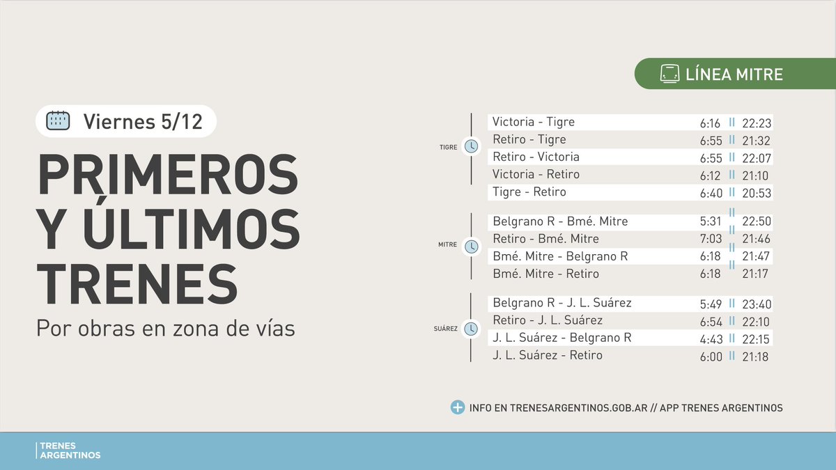 #TrenMitre

🚧 Por obras en zona de vías

 👉 Los primeros y últimos servicios de hoy viernes 5, de los ramales #Mitre, #Tigre y #Suárez circularán con modificaciones en sus horarios.