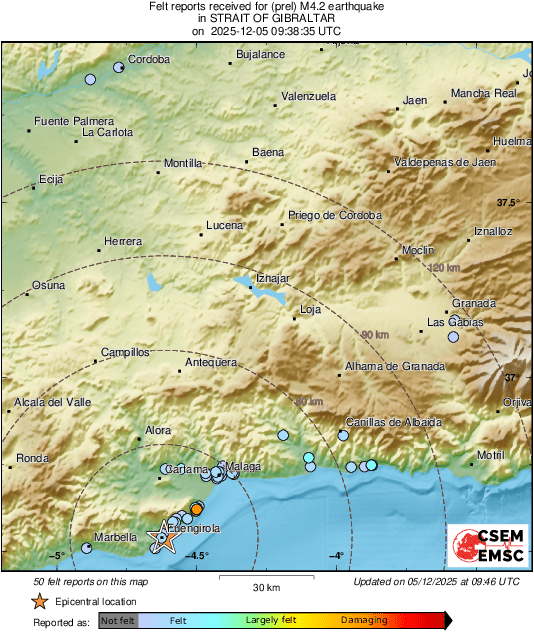#Earthquake 27 km SW of #Málaga (#Spain) 8 min ago (local time 10:38:35). Colored dots represent local shaking &amp; damage level reported by eyewitnesses. Share your experience:
📱m.emsc.eu/#app
🌐m.emsc.eu/?id=1909484