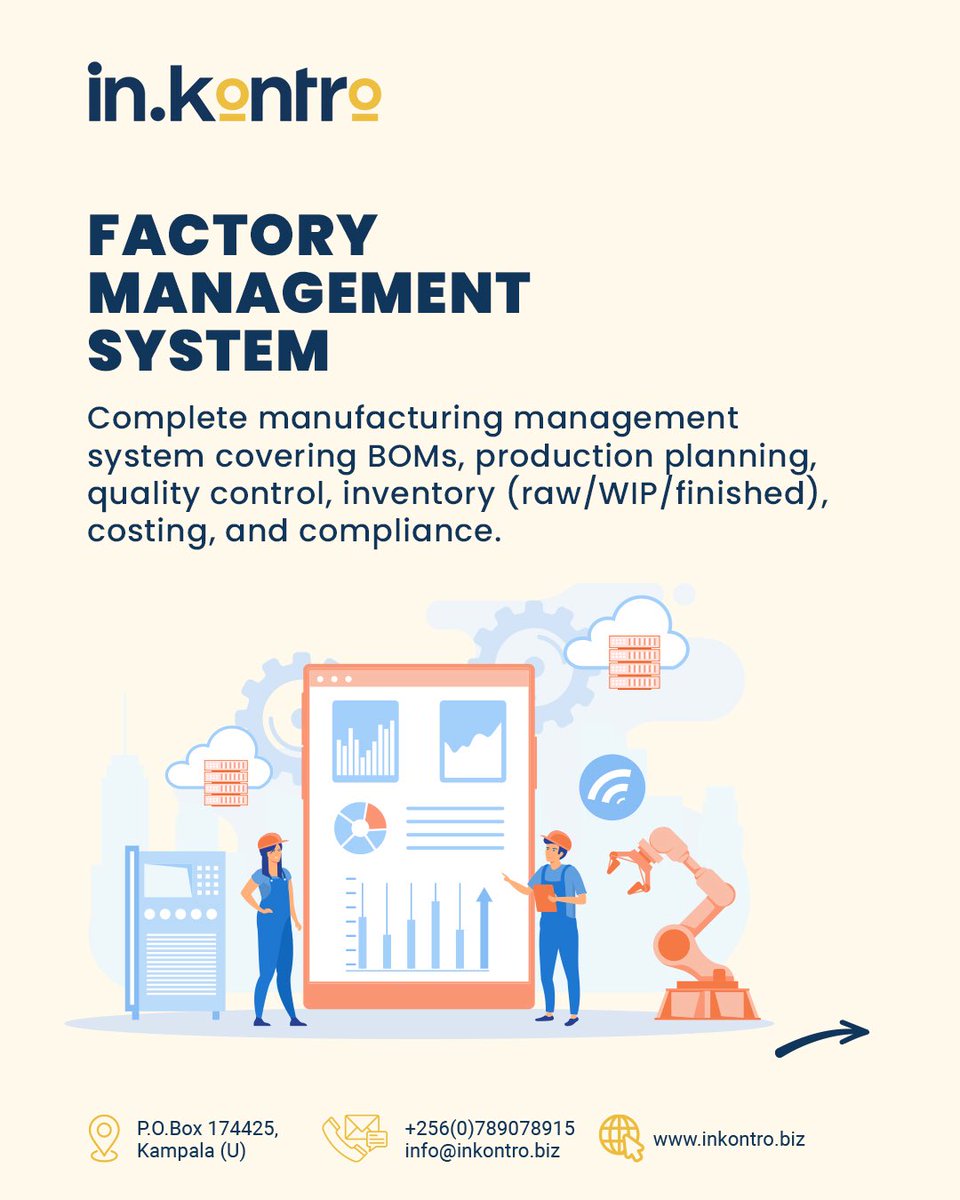 inkontro's tweet photo. Keeping a factory running shouldn’t feel like solving a puzzle every day. #GetInkontro with our #FactoryManagement system.

Call +256 789 078915
Email: info@inkontro.biz
Visit https://t.co/RP7EnUqreS https://t.co/MYtmqoEjow
