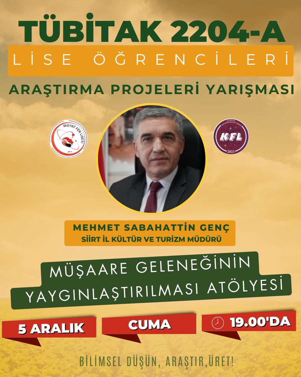 TÜBİTAK çalışmalarımıza devam ediyoruz. Bugün Siirt İl Kültür ve Turizm Müdürümüz Sayın Mehmet Sabahattin GENÇ öğrencilerimizle bir araya gelecek. Değerli müdürümüze vereceği katkılar için şimdiden teşekkür ederiz. <a href="/mardinarge/">Mardin İl MEM AR-GE</a> <a href="/midyatilcemem/">Midyat İlçe Milli Eğitim Müdürlüğü</a> <a href="/abdurrahimdmr47/">Abdurrahim DEMİR</a> <a href="/MidyatFen/">Midyat Fen Lisesi</a>
