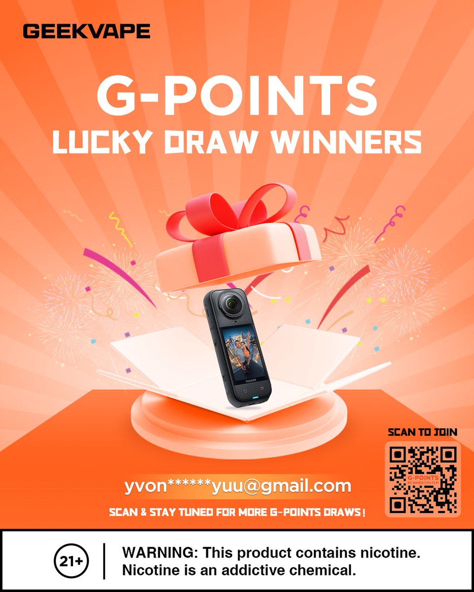 GeekvapeTech's tweet photo. CONGRATULATIONS! ๐
G-Points Insta360 X5 Super Winner โ yvon******yuu@gmail.com!
G-Points is Geekvapeโs official rewards system โ Earn points with every purchase and redeem exclusive prizes!
Join now to earn your first 1000 points!
๐https://t.co/CKmLlQhJMq
#Geekvape #GPoints #GPointsRewards #LoyaltyProgram #Geekvape10th #Geekvape10thAnniversary