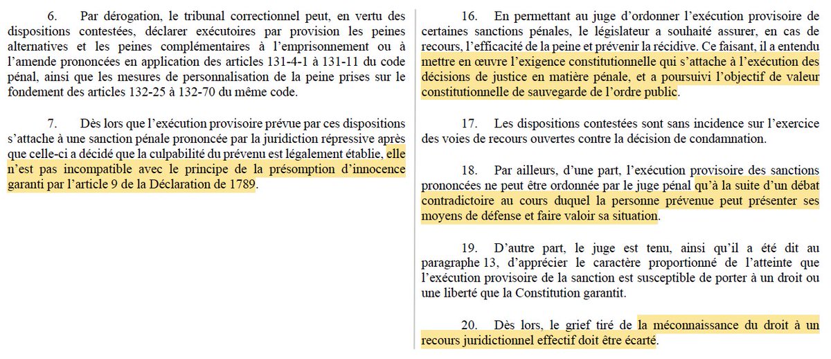 N_Hervieu's tweet image. Important : A cette occasion, le @Conseil_constit réaffirme que l&apos;exécution provisoire d&apos;une peine (si contestée ces derniers temps) est, en soi, conforme aux droits &amp;amp; libertés.

Car ne viole :
- Ni la présomption d&apos;innocence;
- Ni le droit au recours effectif;
- Ni l&apos;égalité.