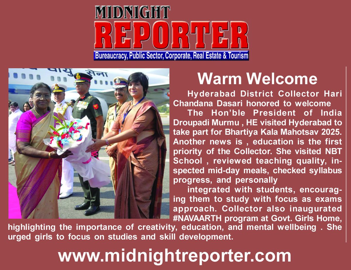 "Applauds for DMs dedication" <a href="/harichandanaias/">Hari Chandana</a> 
<a href="/Collector_HYD/">Collector Hyderabad</a> 
#MidnightReporter celebrates the #womenscricketworldcup2025 win with former Indian cricketer and Padma Shri Awardee Mithali Raj with the launch of the November edition.
epaper :
midnightreporter.com/November_2025.…