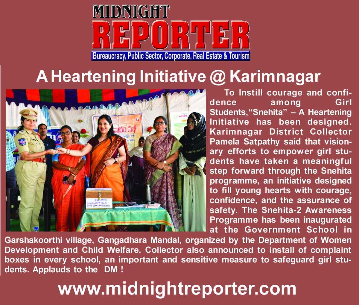 Good initiative by <a href="/PamelaSatpathy/">Pamela Satpathy</a> the collector of <a href="/Collector_KNR/">Collector Karimnagar District</a> .

#MidnightReporter celebrates the #womenscricketworldcup2025 victory with former Indian cricketer, Padma Shri Awardee Mithali Raj with the launch of the November edition.

Epaper :
midnightreporter.com/November_2025.…