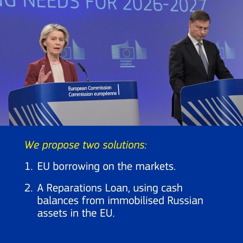 EU_Commission's tweet photo. Ukraine is at a critical juncture.

Russia is intensifying attacks, and Ukraine’s financing needs are growing.

We propose two solutions, including a Reparations Loan using immobilised Russian assets, with safeguards for EU countries to raise Russia’s war costs and force peace ↓