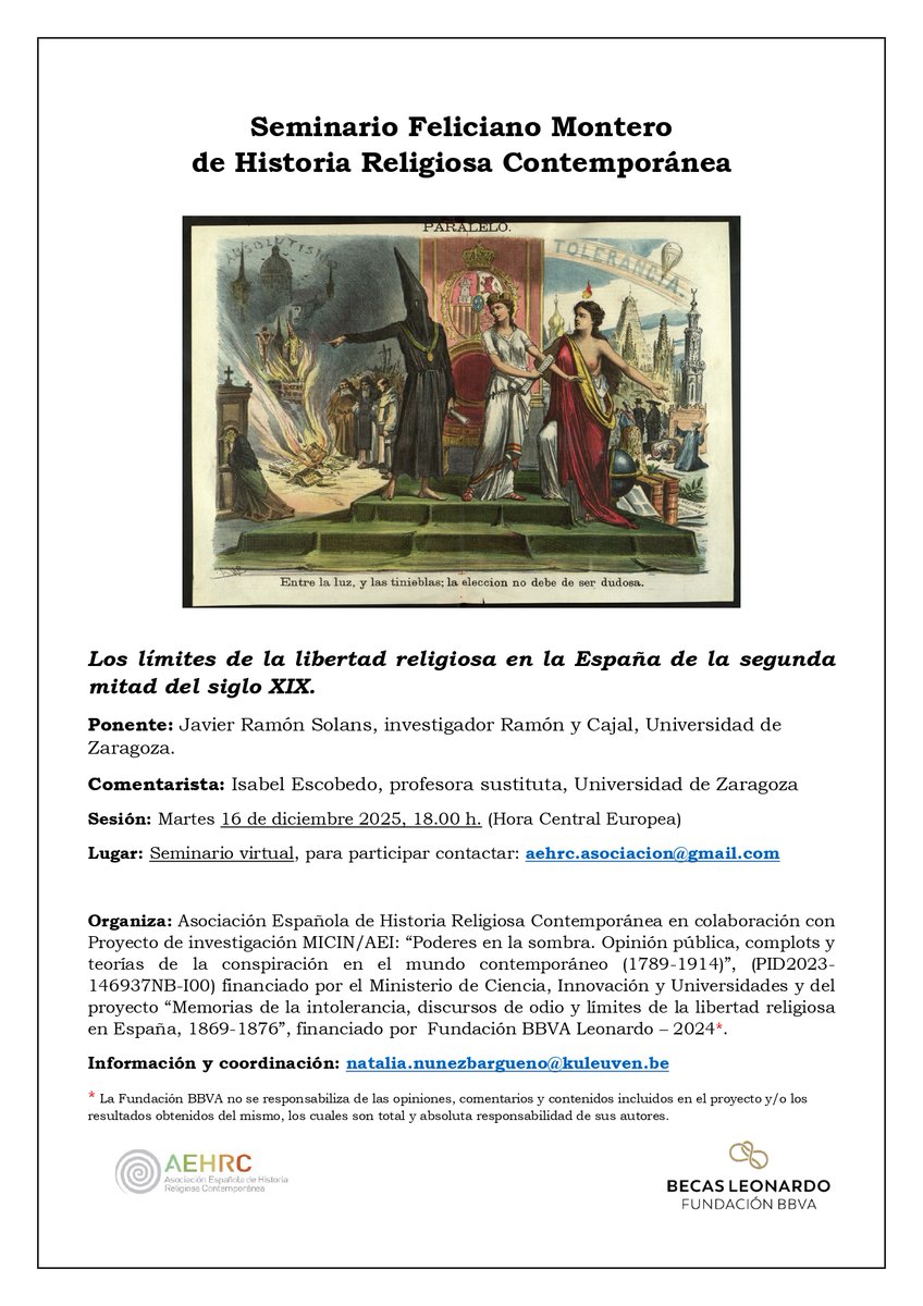 ReligContemp's tweet image. 🗓️El 16 de diciembre 18h00 tendrá lugar el Seminario Feliciano Montero de Historia Religiosa Contemporánea. Debatimos : “Los límites de la libertad religiosa en la España de la segunda mitad del siglo XIX” de @FJRSolans . La comentarista es: @IsabelEMHis 👇aehrc.es/sfm-javier-ram…