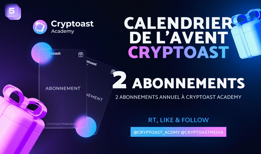 CryptoastMedia's tweet image. 🎁 Calendrier de l'Avent Cryptoast 🎁

Jour 5 : Vous avez loupé l’offre du Black Friday ? 👀

- 2 lots de 1 an d’abonnement à Cryptoast Academy

Pour participer :

- Follow
@CryptoastMedia &amp;amp; @cryptoast_acdmy
- Like &amp;amp; RT ce post 💞

Tirage au sort  : 26 décembre 🎅
Bonne chance à…