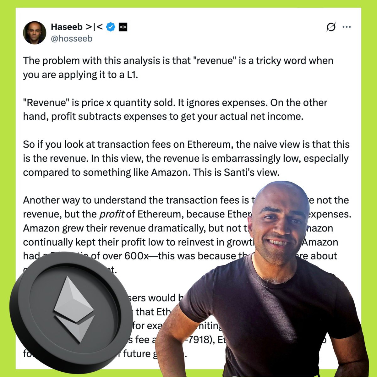 🧐 Tại sao Ethereum thu được ít tiền mà vẫn được định giá cao?

=> Vì phí giao dịch của Ethereum không phải doanh thu… mà giống như lợi nhuận ròng của một doanh nghiệp không có chi phí. Đây là góc nhìn của <a href="/hosseeb/">Haseeb ＞|＜</a> (Managing Partner của quỹ Dragonfly).

Nói dễ