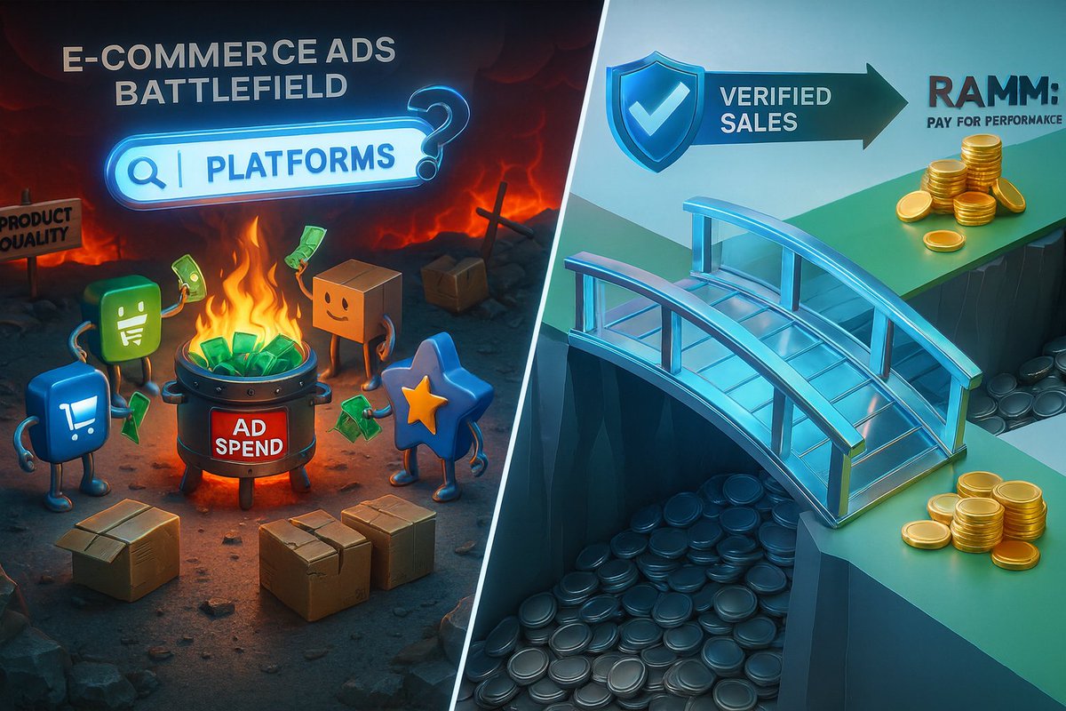 RAMMagentic's tweet photo. E-commerce today has become a battlefield where brands spend more on ads than on product quality.
Every click drains their margins, and most of that money goes to platforms that do not guarantee real conversions.
RAMM removes this pressure by letting brands pay only when verified sales happen, which means no wasted budget and no blind bidding on algorithms they cannot control.