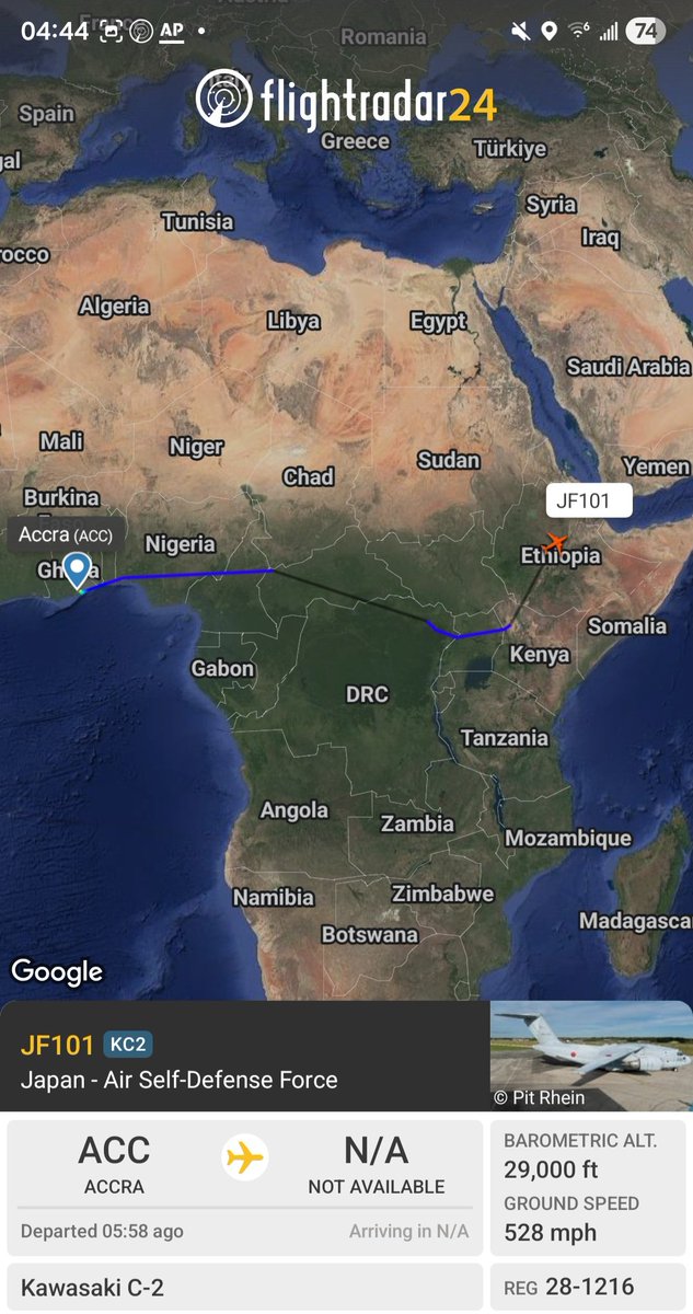 Borrowed7Time's tweet photo. Japan Air Self-Defense Force Kawasaki C-2 28-1216 #87CD23 as JF01 out of Accra, tracking E over Ethiopia.
@sipjack1776 @Dinlas3 @LadyAstroJet https://t.co/ptIYQuaI96
