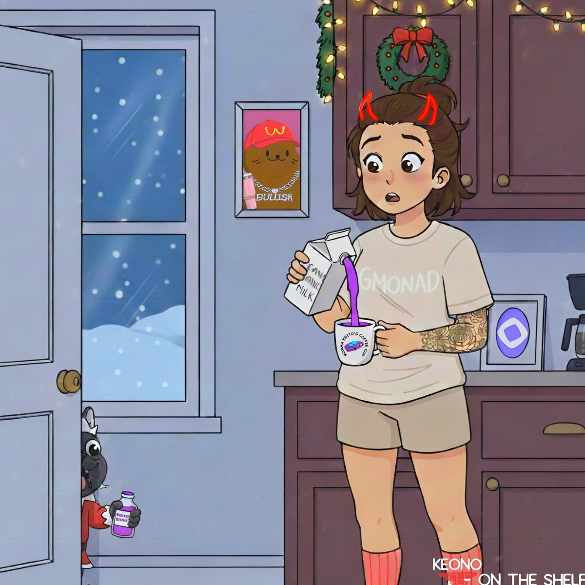 It’s December 5th, and Keono on the Shelf is loose 🐾

<a href="/krito_carde/">Krito🇨🇴 (Monad Arc)</a> was shocked when she poured milk into her morning coffee today…
Keono had snuck in last night and added Monad-purple food coloring 🤭

Who knows what chaos he’ll spark tomorrow?