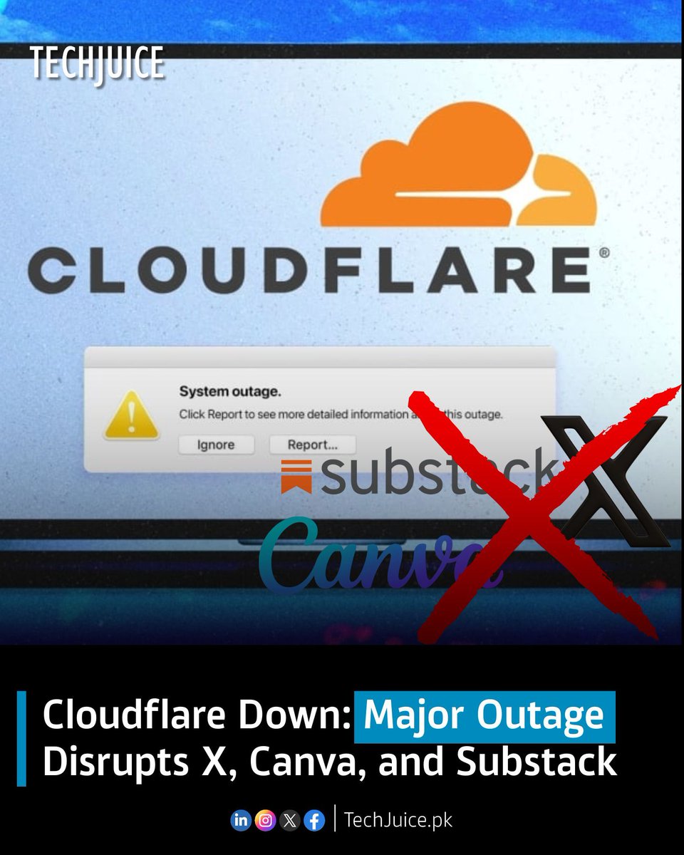 TechJuicePk's tweet image. Cloudflare Outage Takes Down Major Portions of the Internet.
A major Cloudflare outage caused widespread internet disruption today starting around 02:00 PM Pakistan Standard Time. 

#techjuice #cloudflare #outage #internet #servers #x #canva #substack #technews #downtime