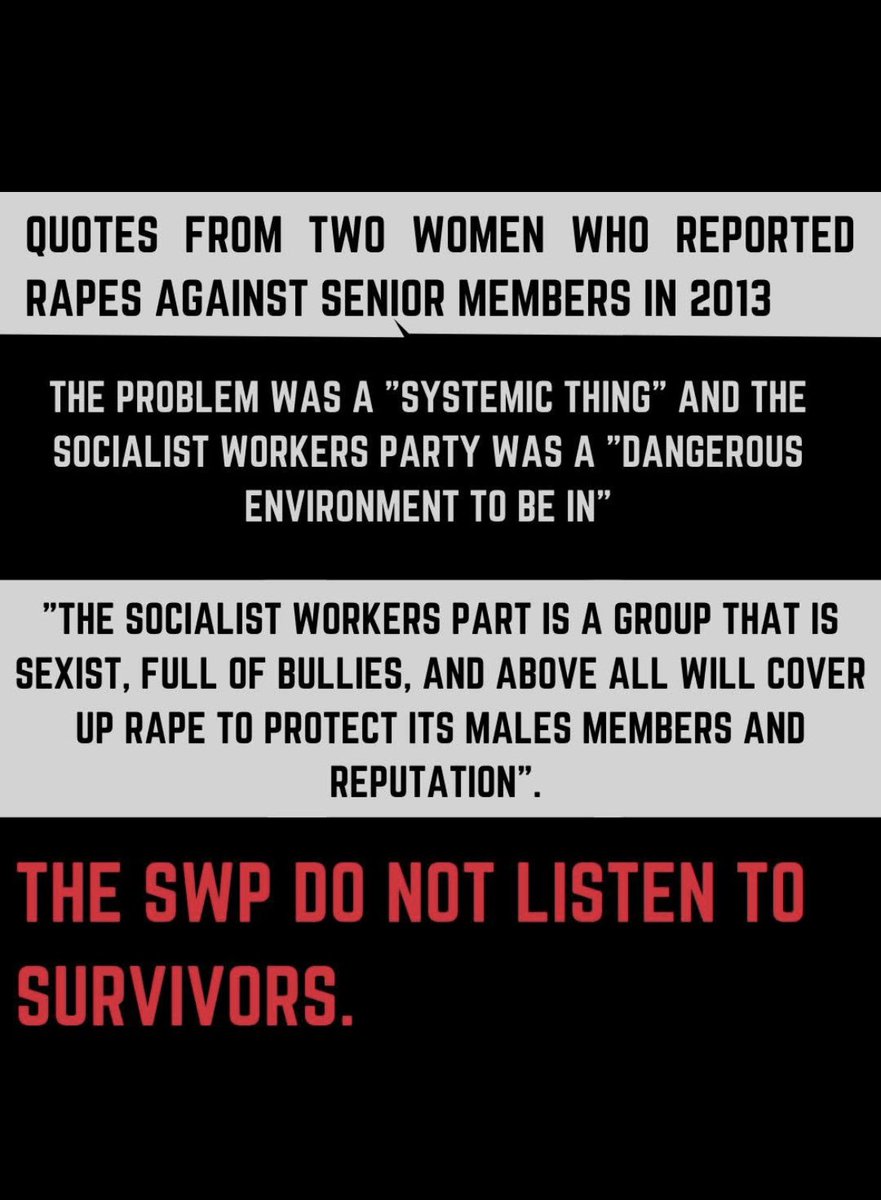 mybrakedontwork's tweet image. 🚨In late 2012/early 2013 allegations of rape and sexual assault were made against a senior SWP member; instead of sending the case to an independent process, the party dealt with it internally. 

The result? Complainants were grilled about their personal lives, members left in…