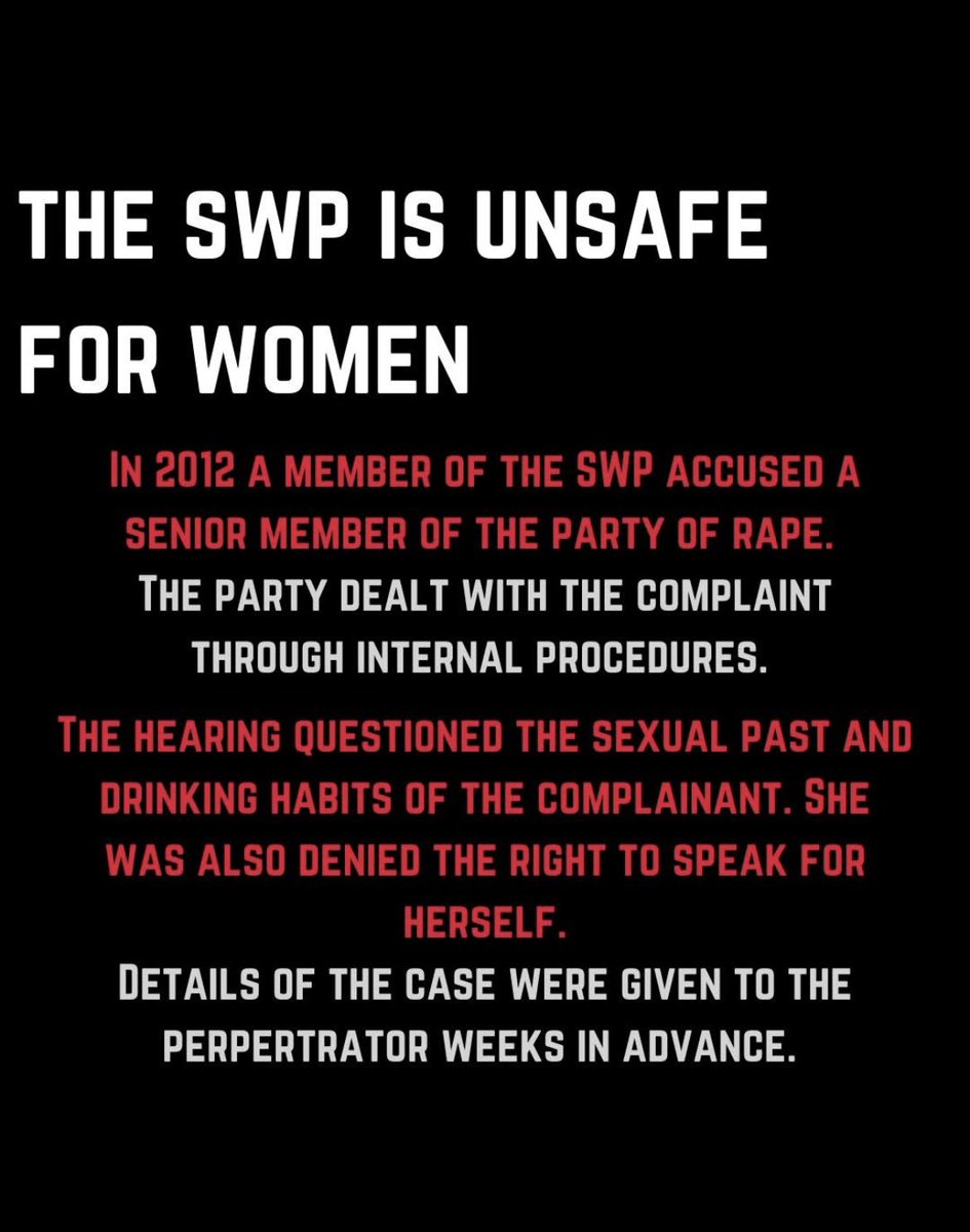 mybrakedontwork's tweet image. 🚨In late 2012/early 2013 allegations of rape and sexual assault were made against a senior SWP member; instead of sending the case to an independent process, the party dealt with it internally. 

The result? Complainants were grilled about their personal lives, members left in…
