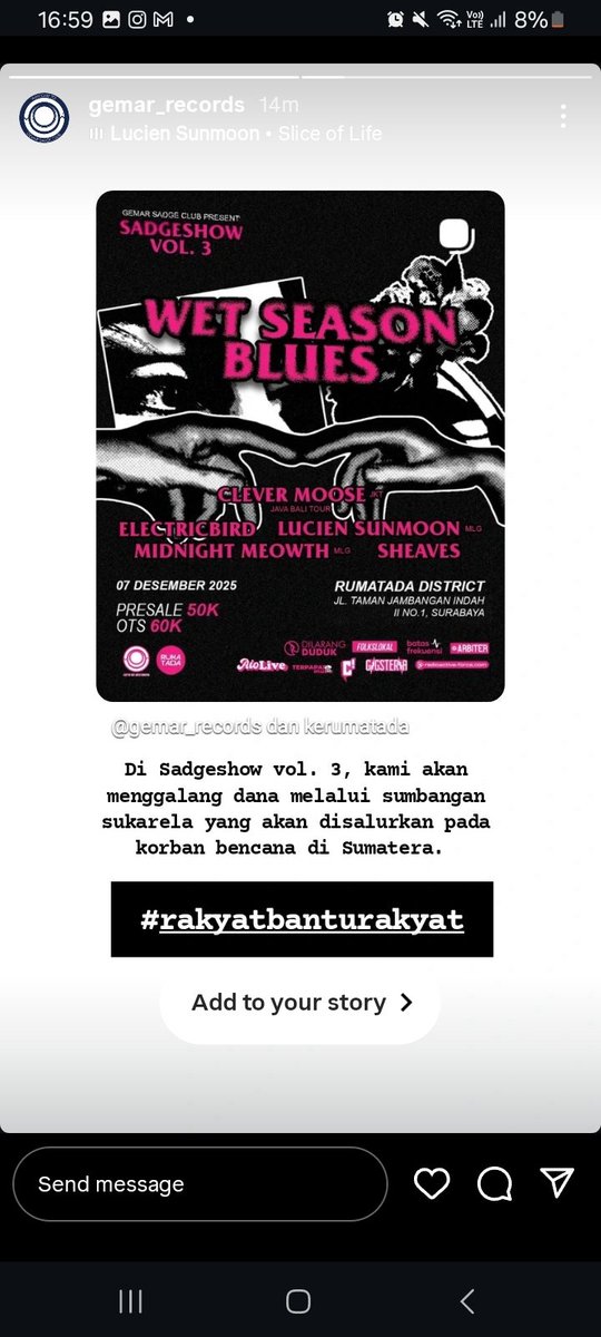 gemar records bakal ngadain sadge show vol. 3, disana bakal nampung donasi yang akan dikirimkan untuk sumatra. dateng ya, dan jangan lupa donate!!