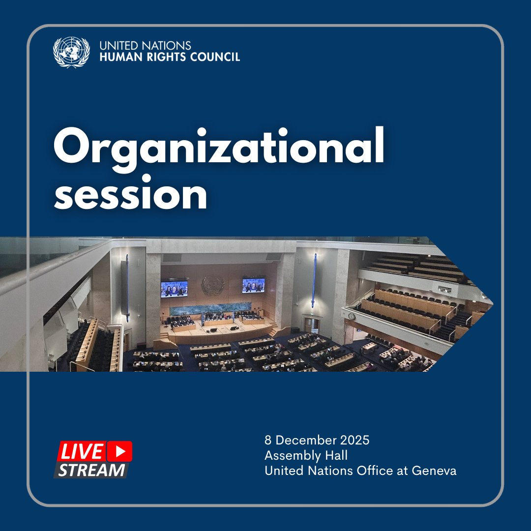 UN_HRC's tweet photo. The @UN Human Rights Council is holding an organizational session for its 20th cycle in 2026 ➔https://t.co/msoBihZaeQ

Date: Monday 8 December 2025
Time: 10 am
Venue: @UNGeneva 
Webcast: https://t.co/yof6Cgplay https://t.co/FQNLFaF7J8