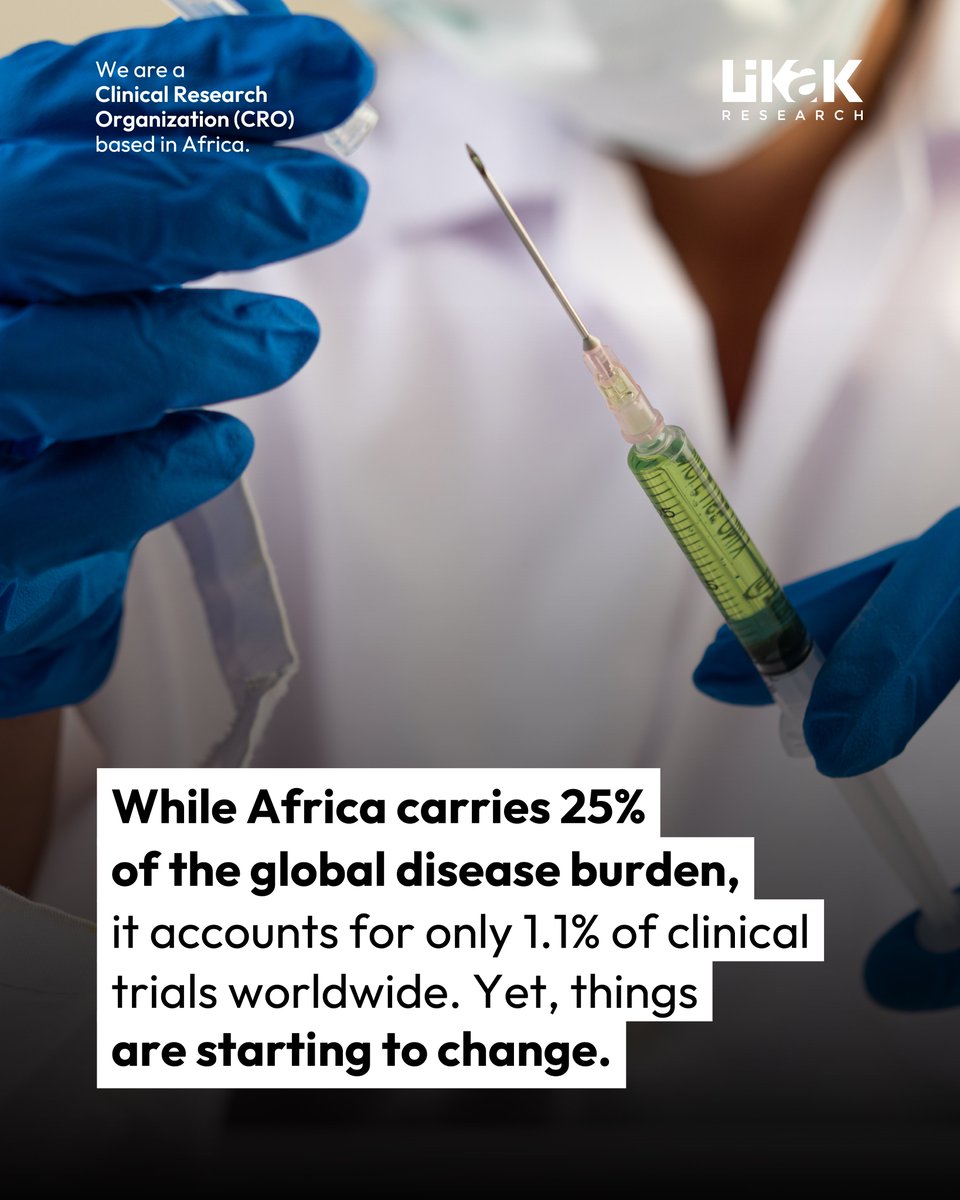 LikakResearch's tweet photo. 🌍 Africa carries 25% of the global disease burden but hosts only 1.1% of clinical trials. Change is happening: stronger research capacity, major trials like ANTICOV, and growing African expertise. 

At LIKAK Research, we’re proud to help drive this momentum. 

#ClinicalResearch https://t.co/bhwlZorhl6